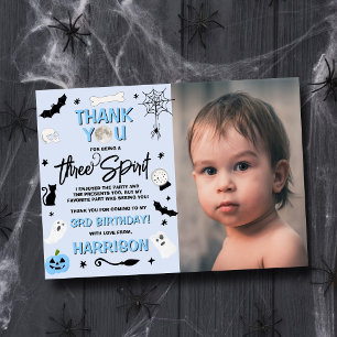 Three Spirit! Boys Halloween 3rd Birthday Photo Thank You Card