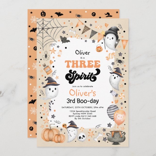 Three Spirit | Cute Halloween Ghost 3rd Birthday Invitation (Front/Back)