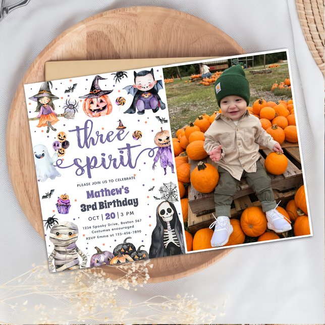 Three Spirit Halloween Ghost 3rd Birthday Photo Invitation (Creator Uploaded)