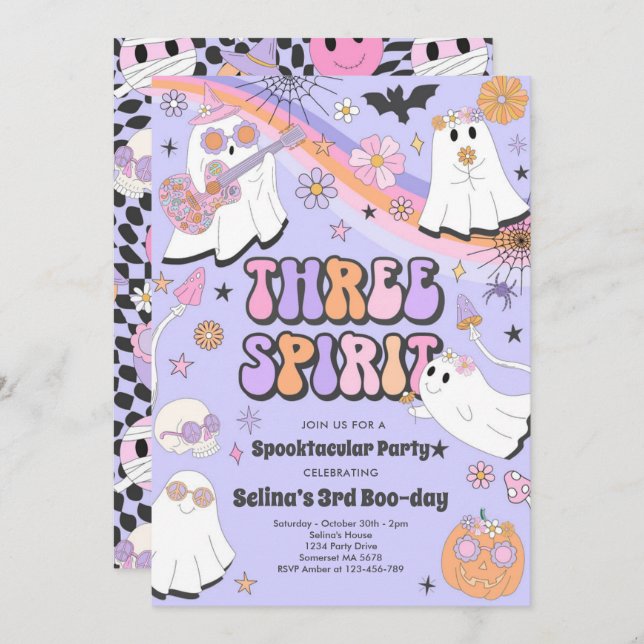 Three Spirit Halloween Groovy Ghost 3rd Birthday Invitation (Front/Back)