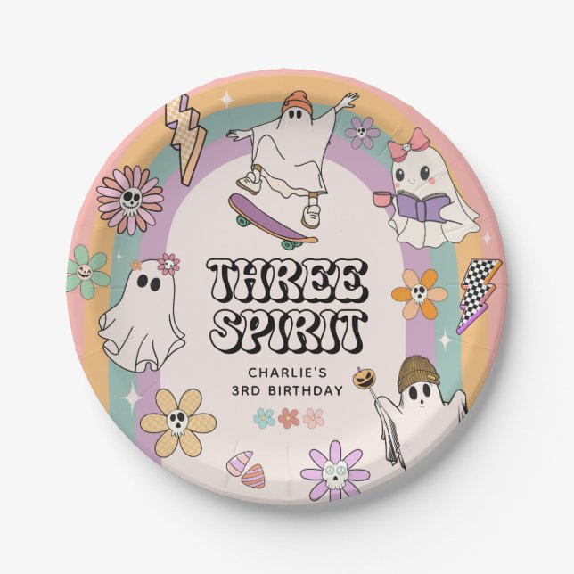 Three Spirit Retro Halloween 3rd Birthday Party  Paper Plate (Front)