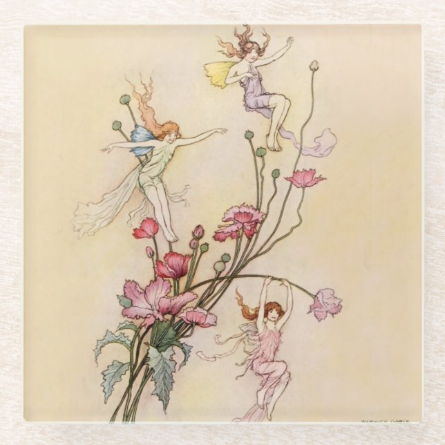 “Three Spirits Mad With Joy” by Warwick Goble Glass Coaster (Front)