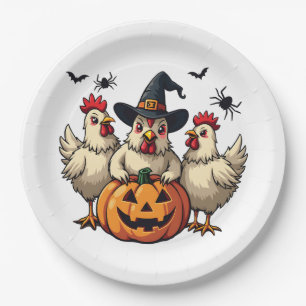 Three Spooky Halloween Chickens Farmer Fall Witch Paper Plate