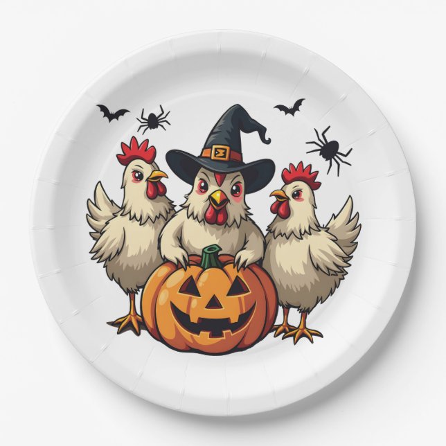 Three Spooky Halloween Chickens Farmer Fall Witch Paper Plate (Front)