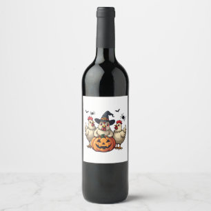 Three Spooky Halloween Chickens Farmer Fall Witch Wine Label