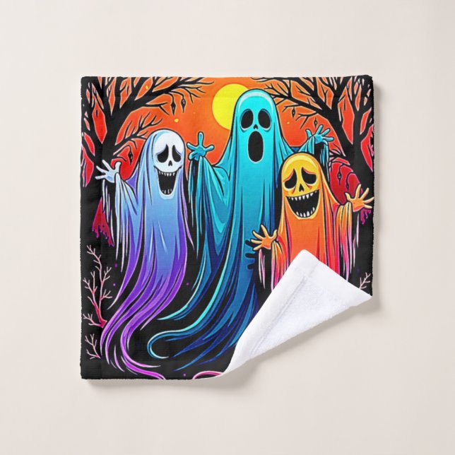 Three Spooky Halloween Ghosts Design Bath Towel Set (Wash Cloth)