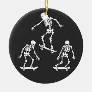 Three Spooky Skating Skeleton Halloween Skateboard Ceramic Ornament