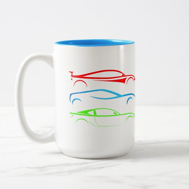 Three Sports Cars Two-Tone Coffee Mug (Left)