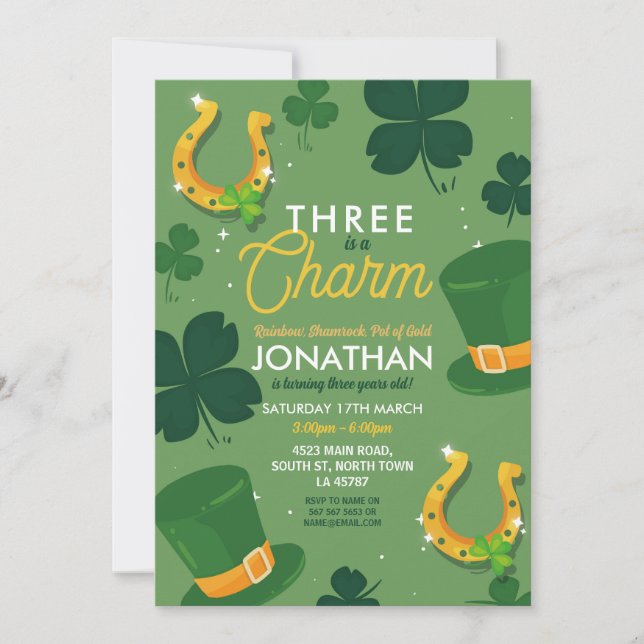 Three St. Patricks Day 3rd Birthday Party Invite  (Front)