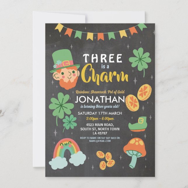 Three St. Patricks Day 3rd Birthday Party Invite  (Front)