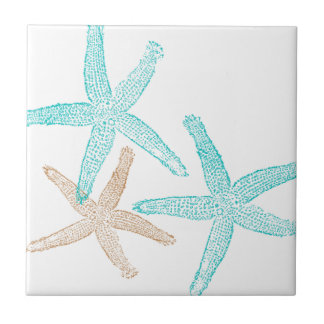 Three Starfish Teal and Tan Ceramic Tile