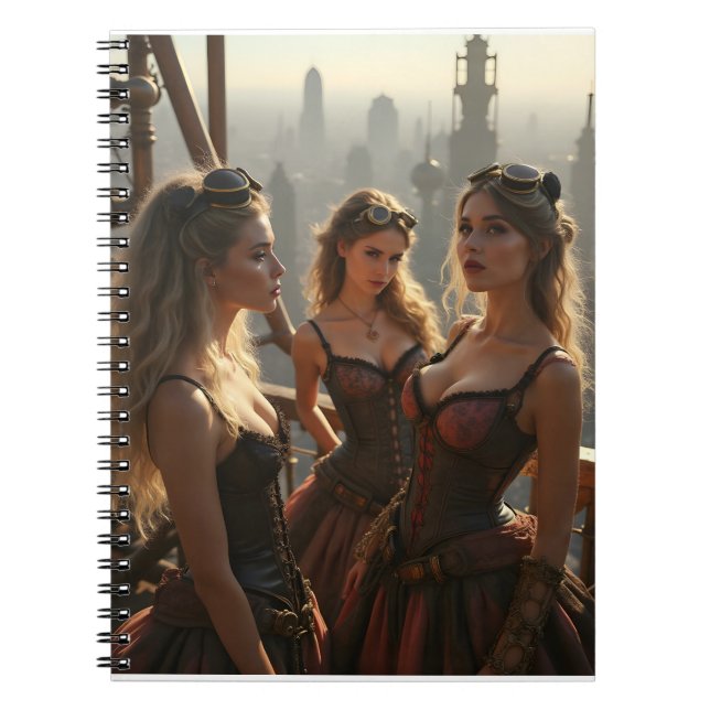 Three Steampunk Women Stand Atop a Victorian City Notebook (Front)