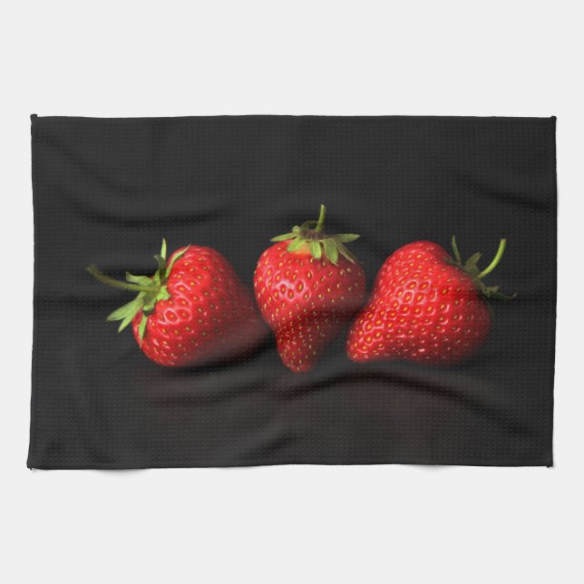 Three Strawberries On Black ktm Tea Towel (Horizontal)