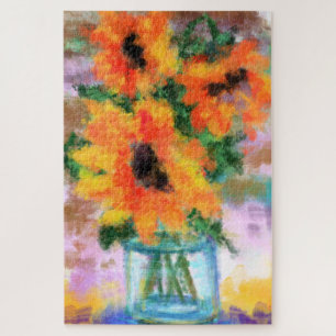 Three Sunflowers - Abstract Original Art Painting Jigsaw Puzzle