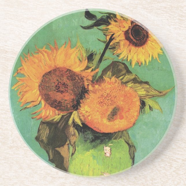 Three Sunflowers in a Vase by Vincent van Gogh Coaster (Front)