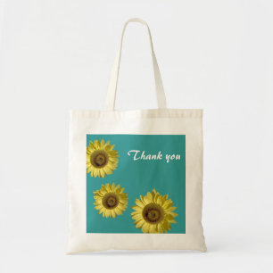 Three sunflowers in teal background thank you tote bag