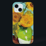 Three Sunflowers | Vincent van Gogh iPhone 15 Case<br><div class="desc">Three Sunflowers (1888) by Vincent van Gogh is a vibrant still life that showcases the artist’s signature thick brushstrokes and bold use of colour. The painting features three sunflowers in a simple vase, their golden petals contrasting against the aqua blue background. Van Gogh's vivid yellow palette brings energy and life...</div>
