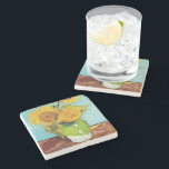 Three Sunflowers | Vincent van Gogh Stone Coaster<br><div class="desc">Three Sunflowers (1888) by Vincent van Gogh is a vibrant still life that showcases the artist’s signature thick brushstrokes and bold use of colour. The painting features three sunflowers in a simple vase, their golden petals contrasting against the aqua blue background. Van Gogh's vivid yellow palette brings energy and life...</div>