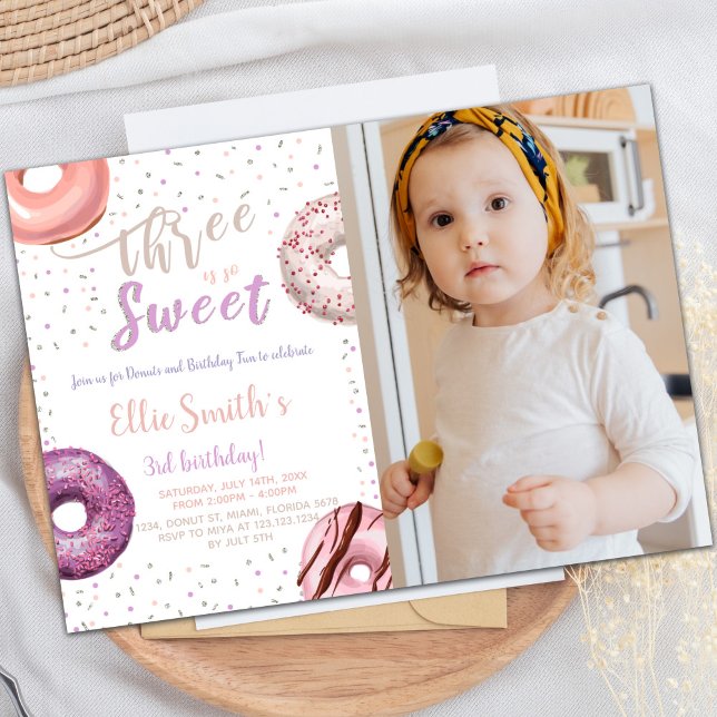 Three Sweet Doughnut Birthday Invitations with pho (Three Sweet Donut Birthday Invitations with photo)