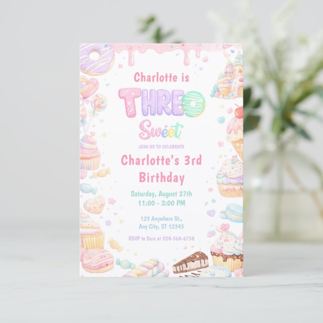 Three Sweet Pastel Candy 3rd Birthday Invitation (Standing Front)