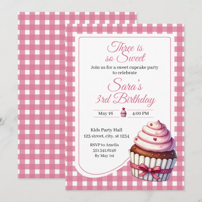 Three Sweet Pink Cupcake Girl 3rd Birthday Party Invitation (Front/Back)