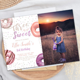 Three Sweet Pink Doughnut Birthday Invitations pho