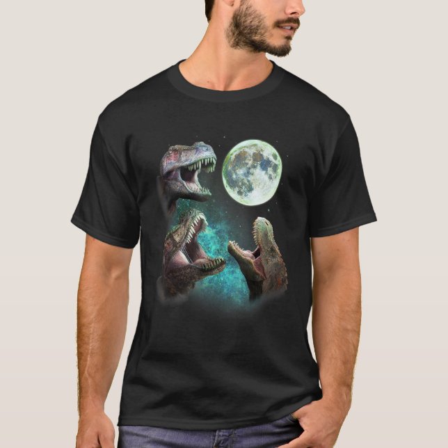 Three T Rex Dinosaurs Howl At Moon 3 Wolves Parody T-Shirt (Front)