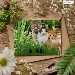 Three Tabby Cats in Garden "Hi Hello" Postcard