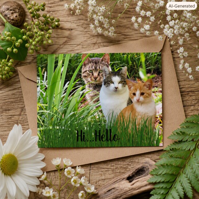 Three Tabby Cats in Garden "Hi Hello" Postcard (Creator Uploaded)