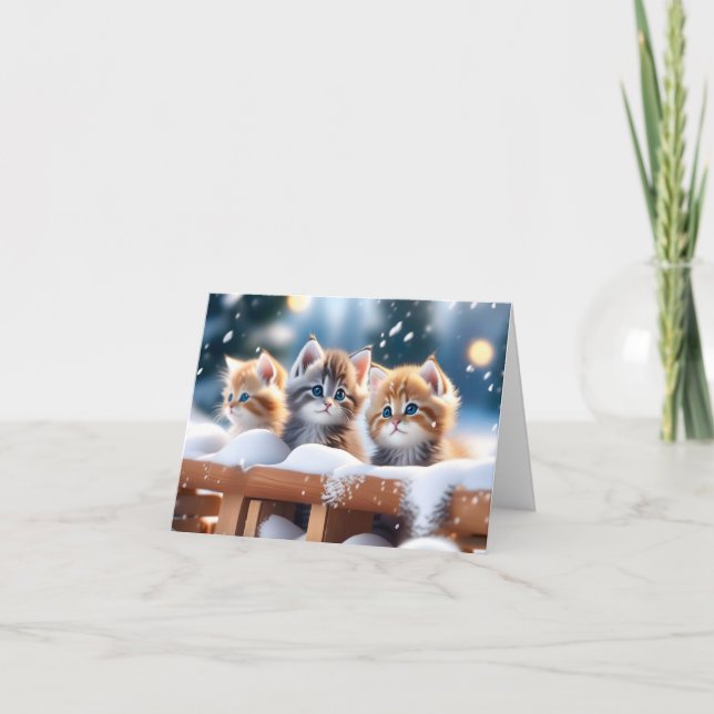 Three Tabby Cats Playing in Snow Blank Christmas Card (Front)
