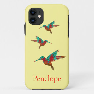 Three Teal and Red Fractal Hummingbirds with Name iPhone 11 Case