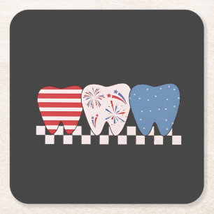 Three Teeth Graphic Design 4th of July Square Paper Coaster