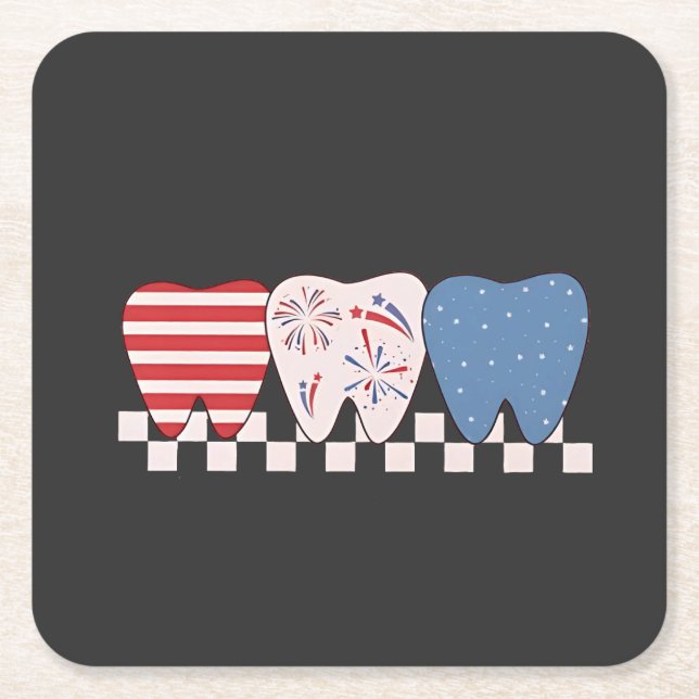 Three Teeth Graphic Design 4th of July Square Paper Coaster (Front)