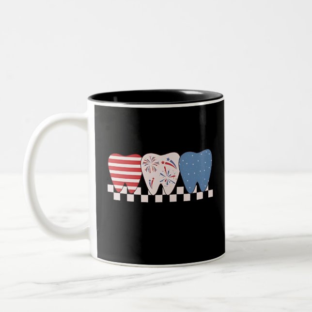 Three Teeth Graphic Design 4th of July Two-Tone Coffee Mug (Left)