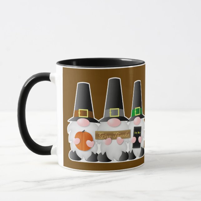 Three Thanksgiving Pilgrim Gnomes Mug (Left)