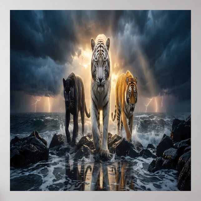 Three Tigers in Stormy Sea Poster (Front)