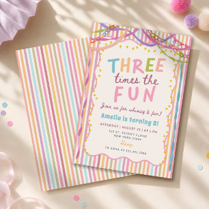 Three Times The Fun Colourful 3rd Birthday Invitation