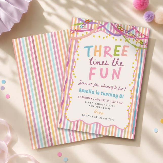Three Times The Fun Colourful 3rd Birthday Invitation (Creator Uploaded)