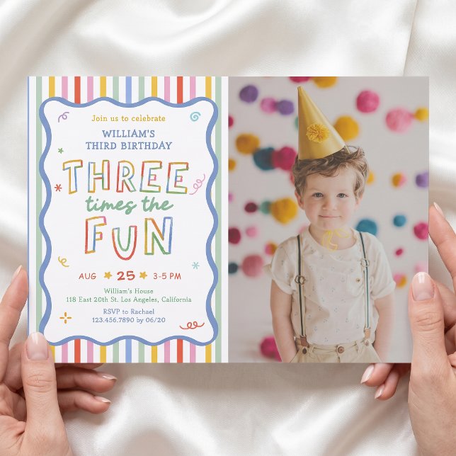Three Times The Fun Colourful Birthday Invitation (Creator Uploaded)