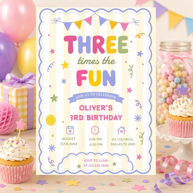 Three Times The Fun Colourful Boy 3rd Birthday Invitation (Creator Uploaded)