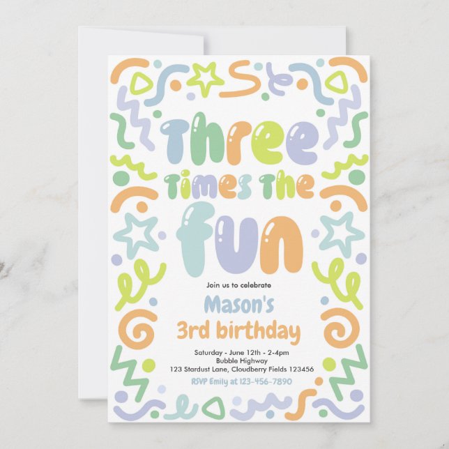 Three Times The Fun Confetti Balloon 3rd Birthday  Invitation (Front)