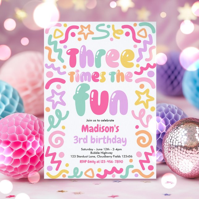 Three Times The Fun Confetti Balloon 3rd Birthday  Invitation (Creator Uploaded)