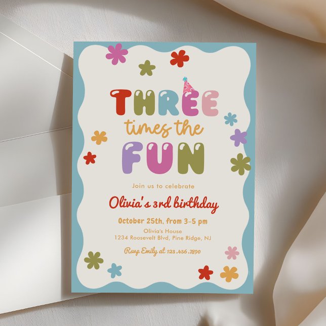 Three Times The Fun Daisy Colourful 3rd Birthday Invitation (Creator Uploaded)