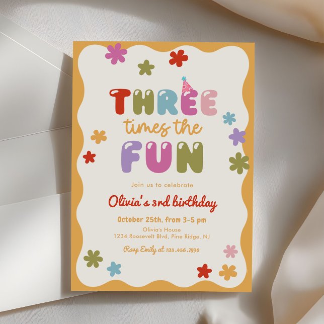 Three Times The Fun Daisy Colourful 3rd Birthday Invitation (Creator Uploaded)