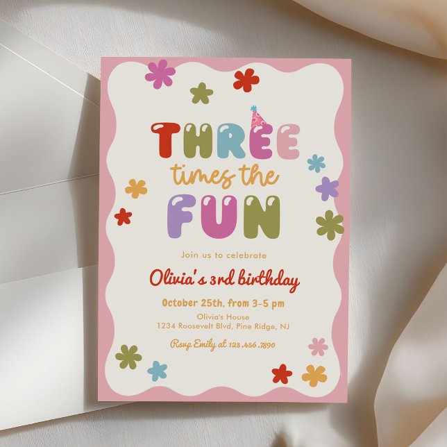 Three Times The Fun Daisy Colourful 3rd Birthday Invitation (Creator Uploaded)