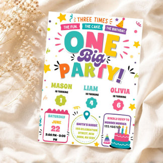 Three Times the Fun Triple Joint Birthday Invitation