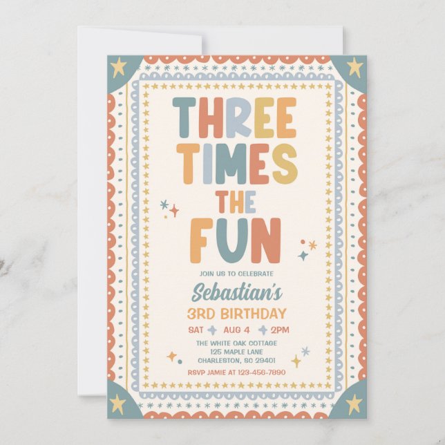 Three Times The Fun Whimsical Boy 3rd Birthday Invitation (Front)