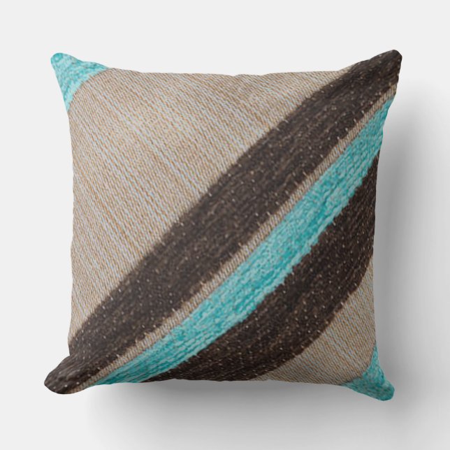 Three-Tone Aqua and Brown Stripe Throw Pillow (Front)