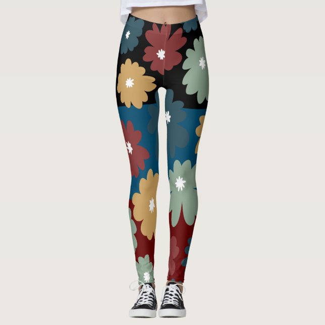 Three tone black blue and burgundy floral artwork leggings (Front)
