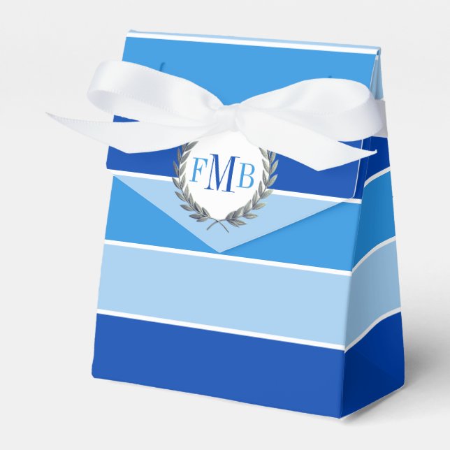 Three tone blue stripes and initials wedding favour box (Front Side)